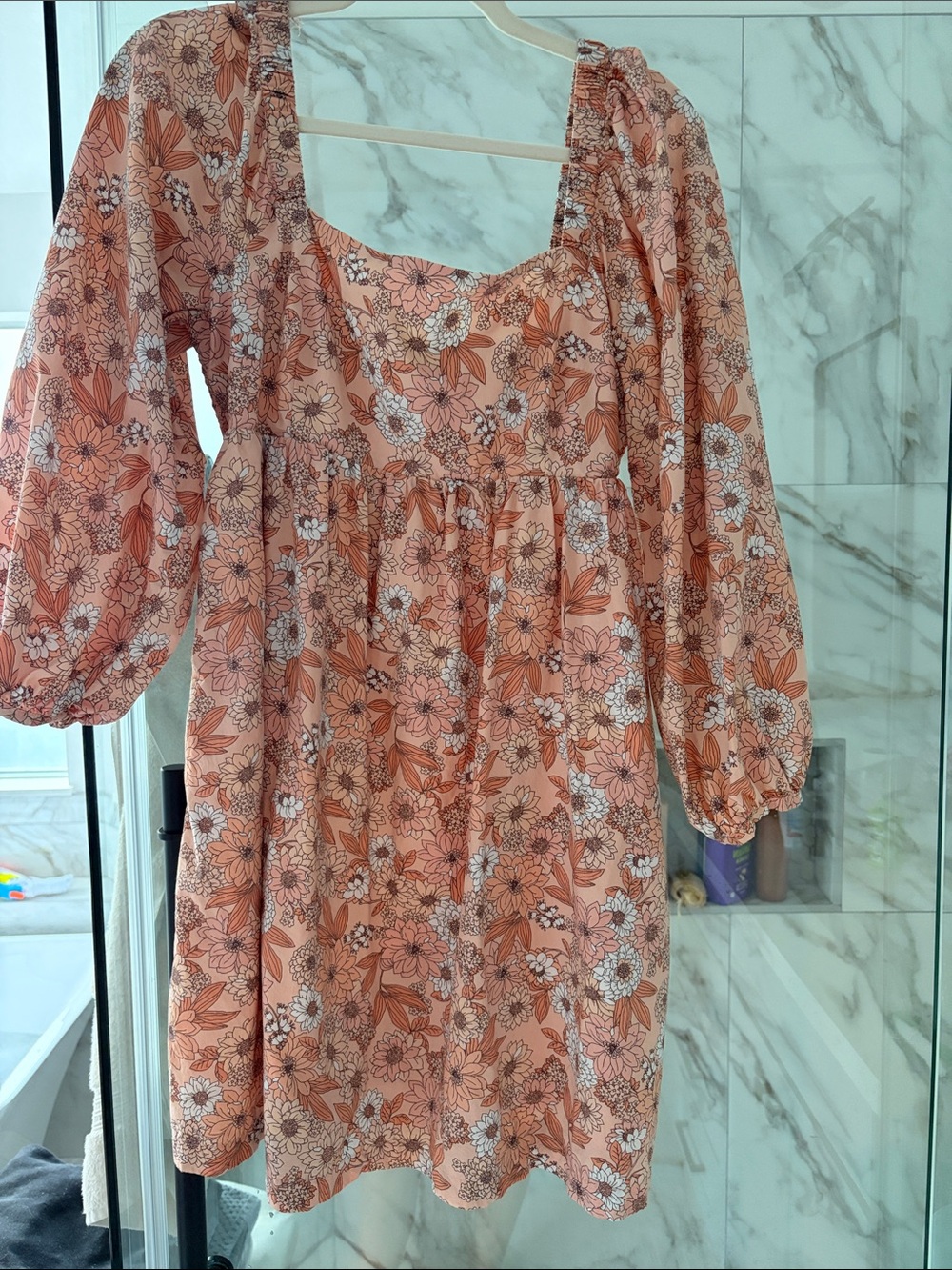 Girls' Peach Floral Square-Neck Dress